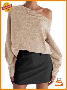 Off Shoulder Long Sleeve Boat Neck Pullover Sweater Loose Knit Top